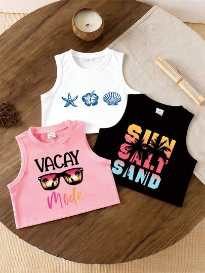 Conjunto de 3 piezas de ropa casual de vacaciones para niña joven: Parte superior de tirantes de unicolor con estampado de letras y gafas, parte superior de tirantes de unicolor con estampado de letras y palmeras, parte superior de tirantes de unicolor con estampado floral de estrellas de mar y conchas. Adecuado para salidas, playa, verano