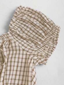 SHEIN Sweetro Women's Plaid Tie-Waist Ruffle Hem Short Sleeve Blouse - Apricot - View 3