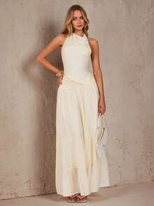 SHEIN Glamour French Vacation Style Relaxed Sensual Halter Backless Design: Neck Tie And Back Strap Adjustable , Revealing Sexy Backline; Waist Twist And Gather Pleated Maxi Skirt, Suitable For Light French Romantic Style, Beach, Casual Daily,Apricot,Holiday Outfits For Women,Casual Dresses For Women,Umbrella Skirt,Tank Tops,Two-Piece Outfits,,Going Out Vacation Dinner Outfits For Women Greece Vacation Outfits Women - Apricot - View 3