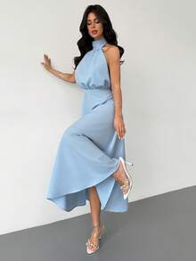 Firerie Đầm dài buộc dây cổ, hở lưng, thắt eo dành cho nữ - Màu xanh nhạt - Xem 9