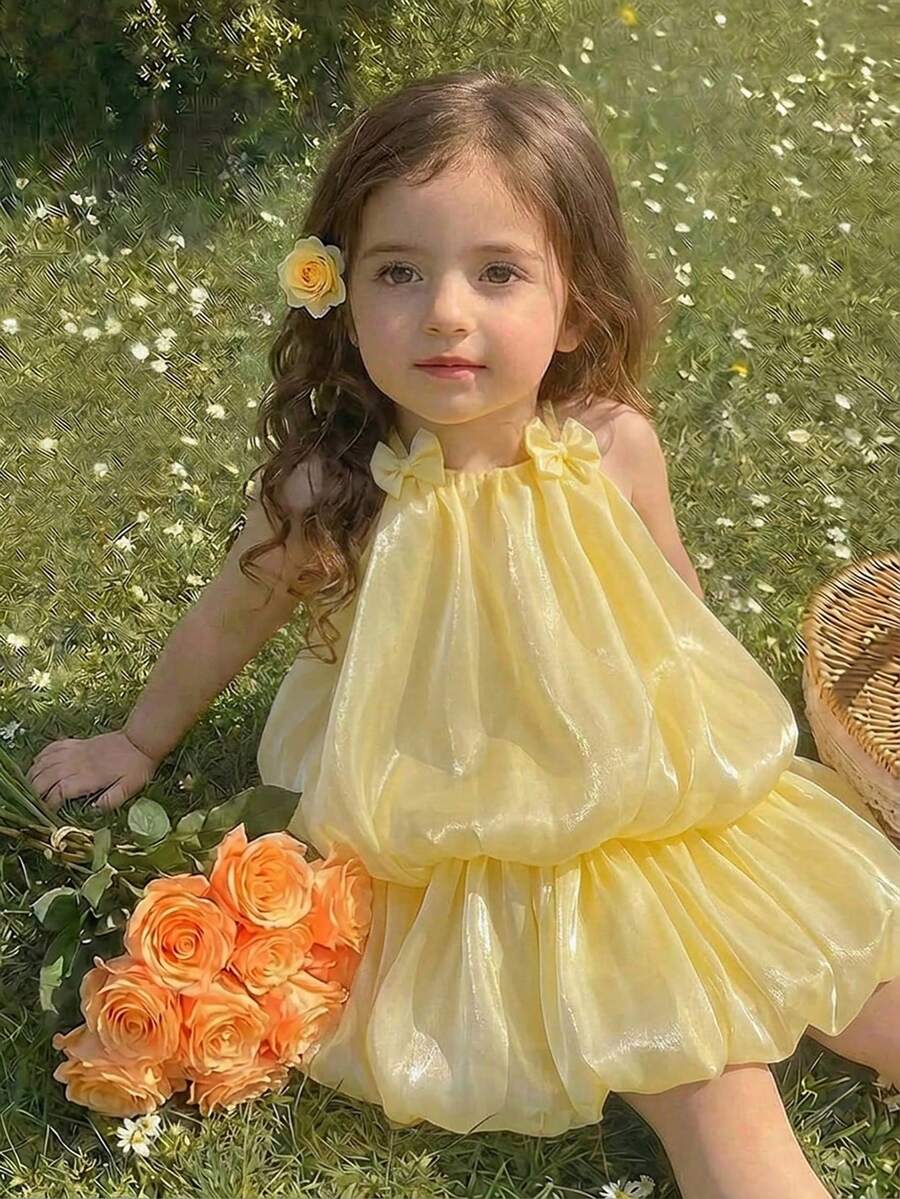 SHEIN Gaun Tanpa Lengan Motif Bunga Warna Kuning Pucat Lucu untuk Bayi Perempuan Musim Panas, Gaun Pesta Elegan Mengembang dengan Pita dan Hem Berumbai untuk Liburan - Kuning - View 1