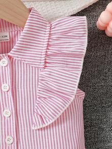 SHEIN 女婴荷叶边不对称短袖条纹衬衫，夏季 - 粉色 - 查看 4