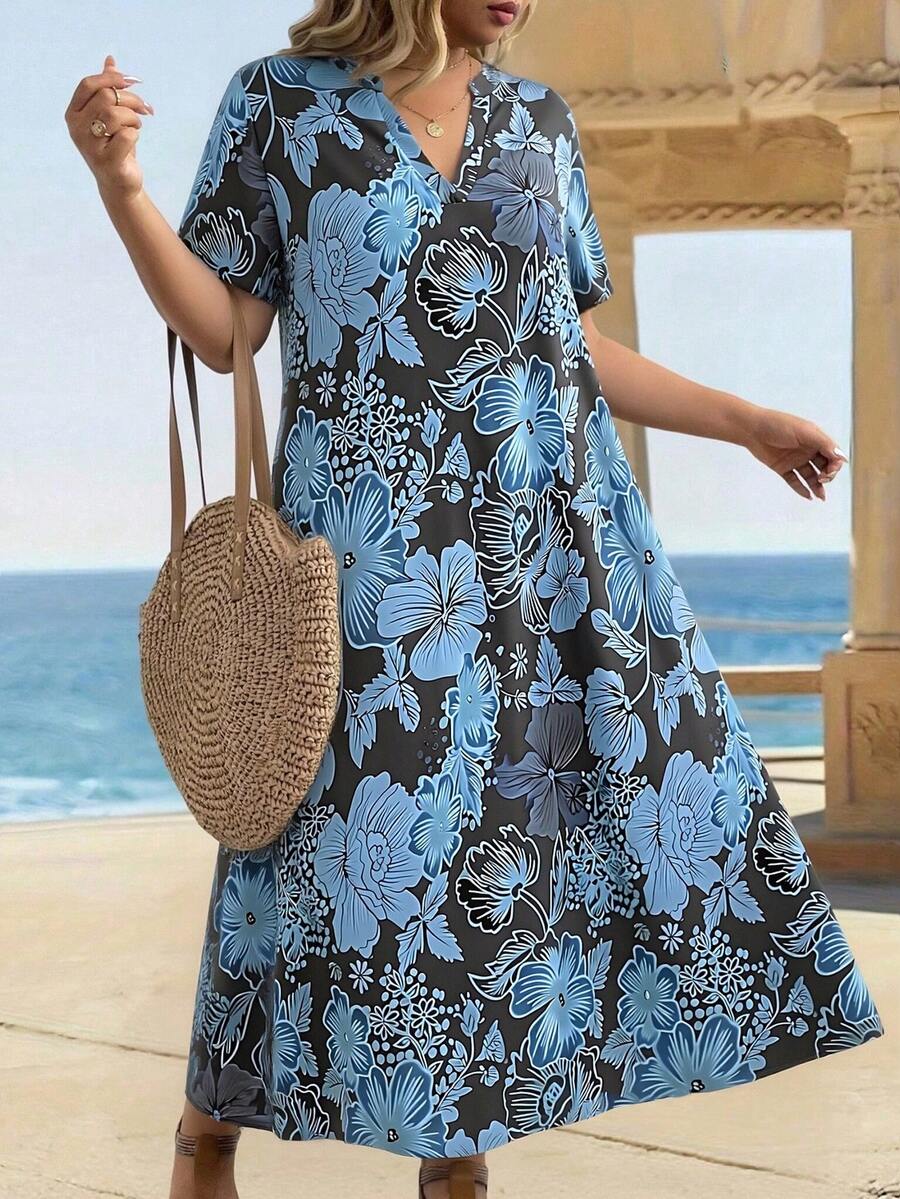 EMERY ROSE 大码女式碎花短袖休闲连衣裙沙滩装 大码女式夏季连衣裙 大码女式度假装 大码女式夏季装 Maweii 大码连衣裙度假休闲装 - 藍色 - 查看 1