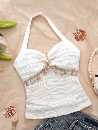 SHEIN White Starfish Halter Neck Crop Top | Short Ruched Fitted Removable Bow Blouse Suitable For Tween Girls, Breezy Short Silhouette With Starfish Decor + Pearl Chain | Sweet Marine Elements Add Sophistication, Halter Neck Design + Removable Bow | Flexible Styling, Adjustable Wear Ruched Fitted Fabric | Contouring Without Tightness, Comfortable Yet Fashionable