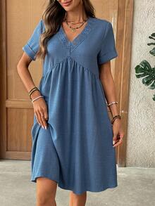 EMERY ROSE Đầm ngắn kiểu babydoll cổ chữ V thoải mái cho nữ mùa hè, trang phục đi biển, đầm đi chơi, đầm hè cho nữ, đầm tốt nghiệp cho nữ, đầm thường ngày cho nữ, trang phục nghỉ hè, đầm đi nghỉ mát, đầm đi chơi, đầm hè cho nữ, đầm hè thường ngày cho nữ - Màu xanh lam - Xem 4