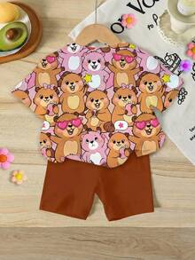 Bộ áo thun và quần short in hình hoạt hình dành cho bé gái, thích hợp mặc mùa hè. - Nhiều màu - Xem 2