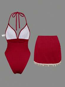 Swim Oasis Áo bikini tam giác màu trơn dành cho nữ với dây đeo bằng vỏ sò, áo tắm một mảnh với viền xếp ly và trang trí bằng vỏ sò ngẫu nhiên, áo tắm hai mảnh với dây rút bên hông và trang trí bằng vỏ sò ngẫu nhiên. - Đỏ - Xem 5