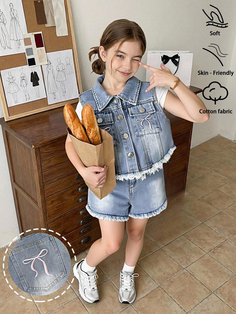 Tween Girl Cute Bow Embroidered Denim Sleeveless Vest And Shorts Set,Light Blue,Summer,Casual,Vacation,Soft Cotton Fabric,Asymmetric Hem,Ripped Cuffed - Medium Wash - View 1