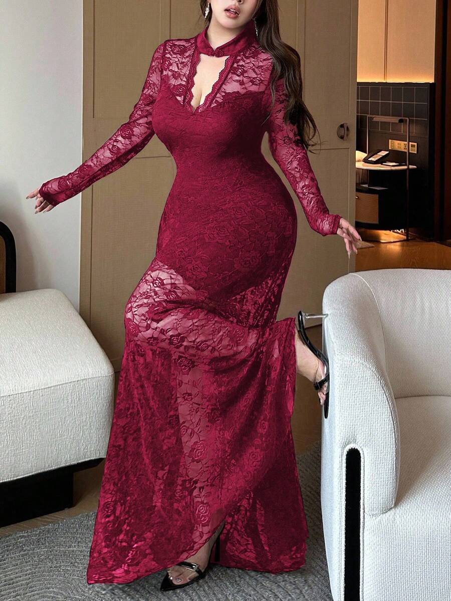 Vibekara Plus Size Women's V-Neck Long Sleeve Lace Patchwork Hollow Out Mermaid Hem Elegant Vintage Cute Sexy Slim Dress - Burgundy - View 1