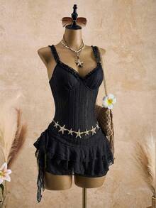 Bellisia 女士象牙色蕾丝边度假连衣裙带裙 - 黑色 - 查看 9