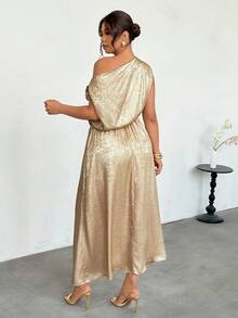 Firerie Women's Gold Asymmetric Shoulder Ruched Waist A-Line Elegant Romantic Dress, Suitable For Holidays, Parties, Daily Commute, Valentine's Day, Concerts, Graduations, Teacher's Day, Back To School And Other Occasions - Gold - View 2