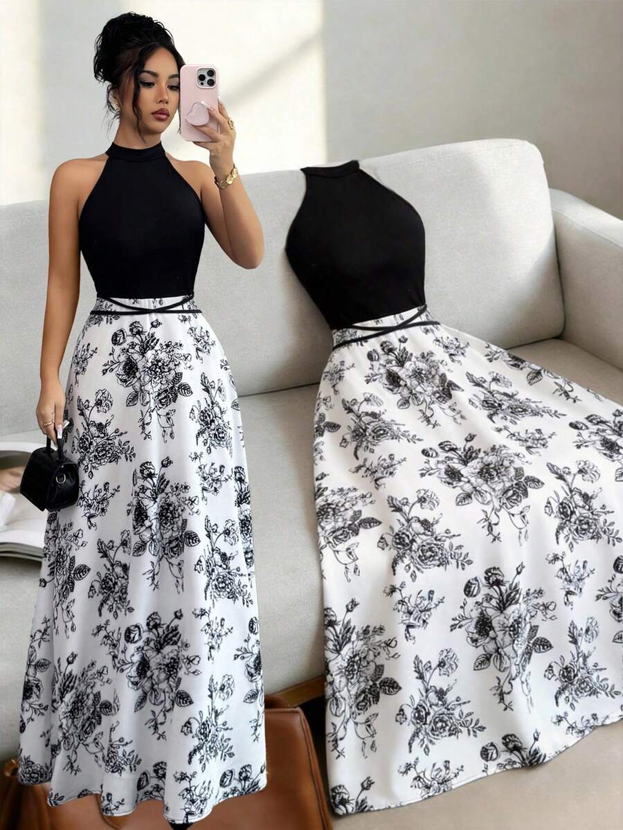 Elenzga 女士夏季新款法式拼接无袖连衣裙，独特设计印花露背撞色修身腰带连衣裙 - 彩色 - 查看 1