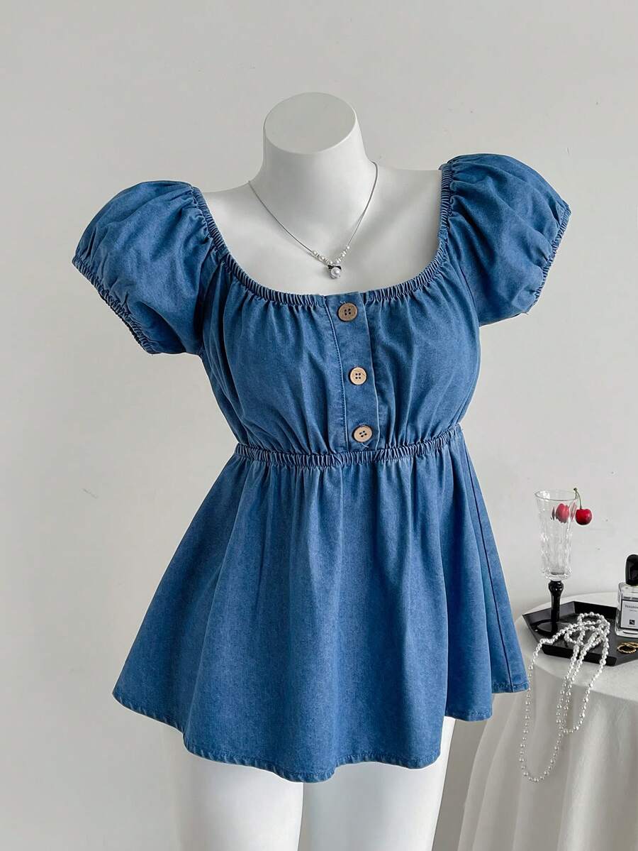SHEIN 方领花瓣袖牛仔衬衫 - 藍色 - 查看 1