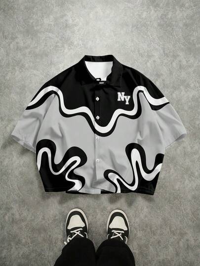 Manfinity EMRG 男士字母印花短袖单排扣衬衫