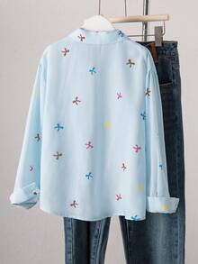 SHEIN 1件少女翻领长袖开衫，条纹衬衫，正面绣花图案，秋季休闲上衣 - 藍色 - 查看 2