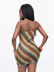 Coolane Rochie mini pentru femei, primăvară/vară, elegantă, stil boho, Y2K, de vacanță, cu model tricotat și blocuri de culoare, cu decolteu asimetric - Multicolor - Vizualizare 4