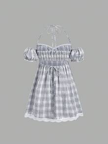 Sweetra 甜美女孩格子系列时尚露背泡泡袖修身A字撞色蕾丝夏季百搭连衣裙 - 彩色 - 查看 2