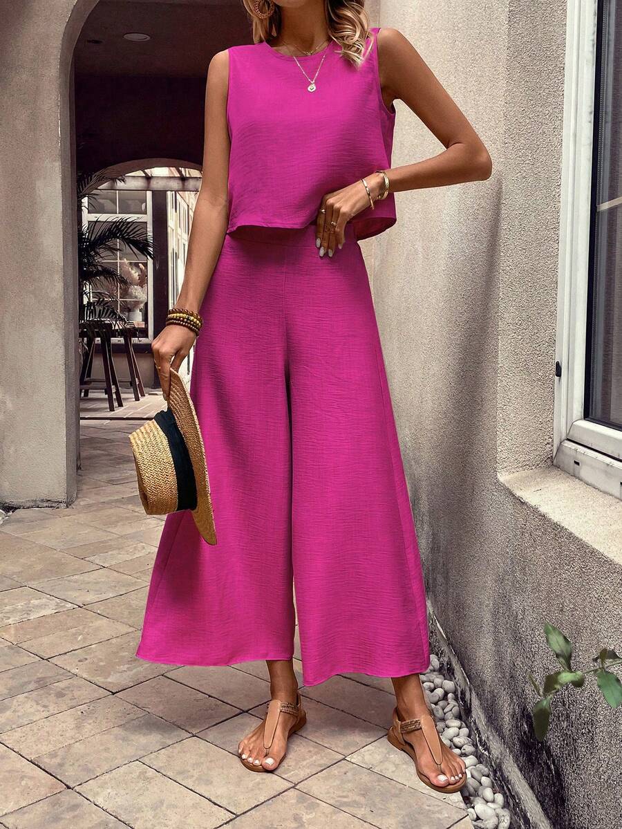 EMERY ROSE 女士纯色圆领上衣和阔腿裤休闲两件套 - 中紫紅色 - 查看 1