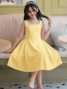 SHEIN Tween Girls' Elegant Beaded Square Neck Yellow Patchwork A-Line Dress With Bow Back - Yellow - View 3