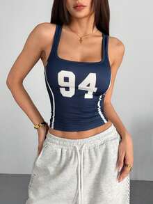 valorelle valorelle Camiseta de tirantes azul con cuello de pico sexy, ajustada y con estampado de letras blancas, de estilo deportivo casual para uso diario - Multicolor - Ver 3