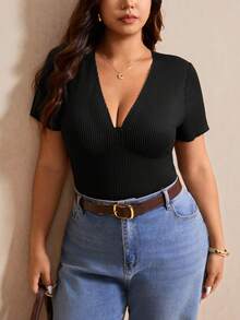 Elaquor Plus Size Women Summer Casual Solid Color Short Sleeve Top Spring/Summer Black Top V Neck Blouse For Elegant Women - Black - View 4