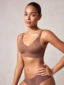 Veilyse 1pc Seamless Minimalist Wavy Edge Solid Color No Underwire Push Up Full Coverage Women Bra - Coffee Brown - View 10