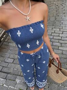 Sunnyshic Women's Blue Printed Bandeau Crop Top With Frill Trim And Drawstring Waist Loose Pants, Summer European And American Elegant Sexy Romantic Beach Vacation 2-Piece Set - Blue - View 1