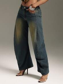 Denimoi Quần jeans ống rộng đã qua xử lý với đường may nhún ở mặt trong, phong cách đường phố thời trang. - Rửa trung bình - Xem 5