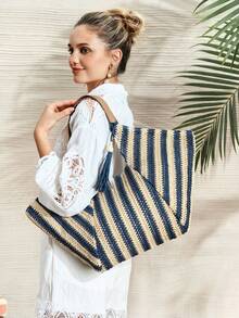 Large Capacity Bohemian Woven Straw Tote Bag With Fringe And Striped And Plain PU Handles For Beach Vacation Summer - Krem - View 10