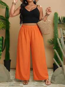 Travachic Plus Size Solid Color Loose High Waist Straight Leg Pants, Casual Suitable For Daily Wear - Orange - View 6