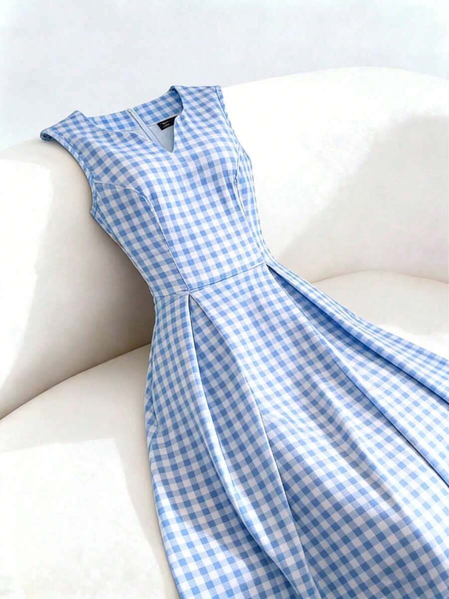 GlowEve 女士格子褶裥休闲度假日常中长连衣裙 - 藍色 - 查看 1