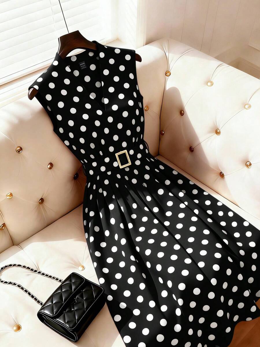 Franclia 女士时尚无袖V领波点印花腰带A字长裙，情人节及约会之夜风格 - 黑色 - 查看 1