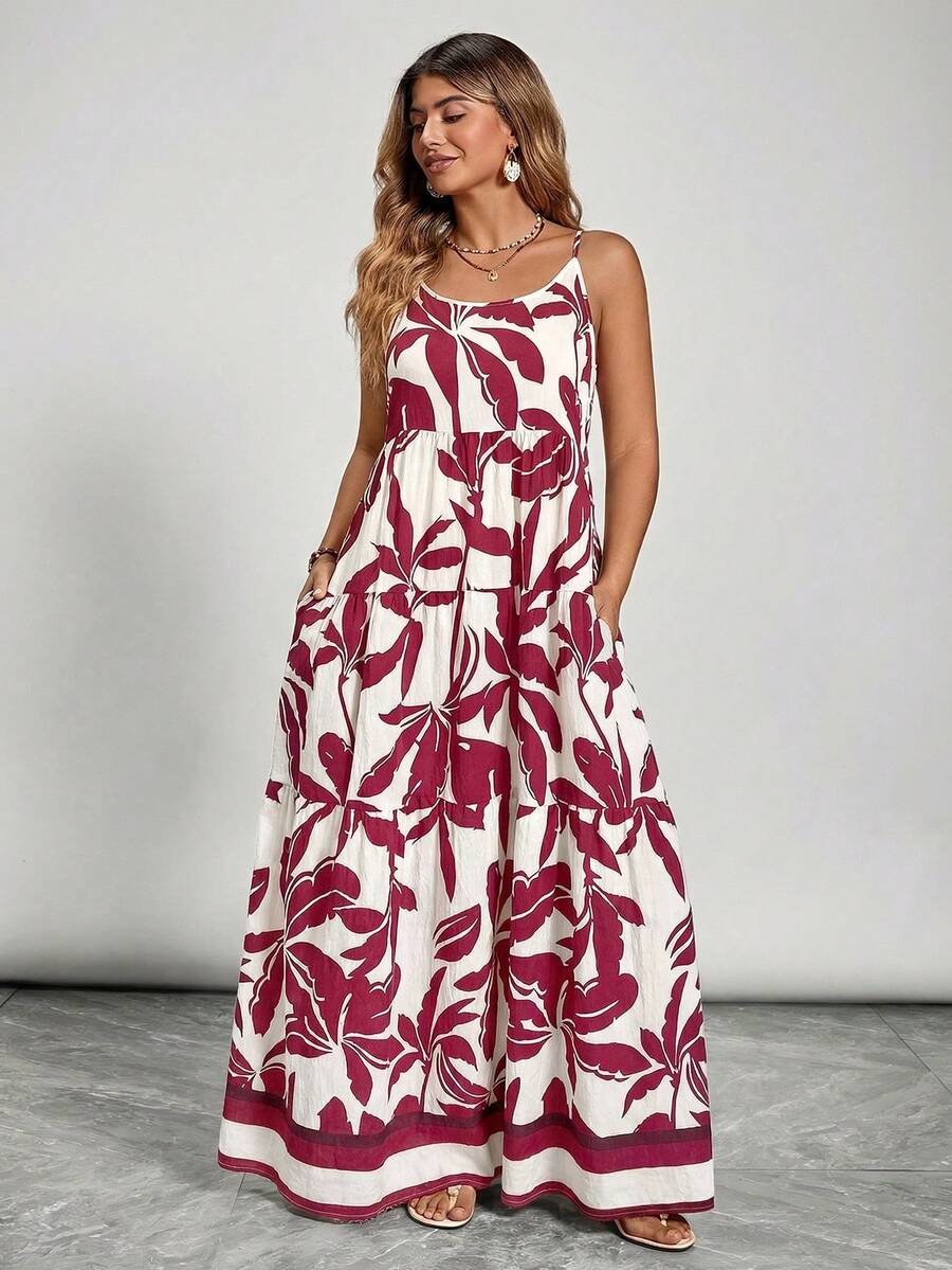 SHEIN VCAY Plus Size Women Tropical Plant Print Ruffle Hem Casual Slip Dress - Burgundy - View 1