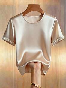 Franclia Women's Champagne Satin T-Shirt With Pearl Embellished Short Sleeves Casual And Elegant Boat Neck Top - Champagne - View 3