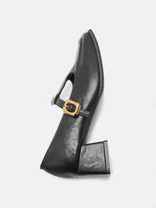 复古玛丽珍女鞋，2025年秋季新款法式优雅粗跟高跟鞋，低帮皮革，优雅 - 黑色 - 查看 6