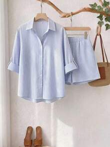 SHEIN Frenchy Ropa de otoño para mujeres de talla grande, conjuntos de ropa escolar: camisa de rayas abierta al frente con mangas ajustables y conjunto de shorts para mujeres - Azul y blanco - Ver 7