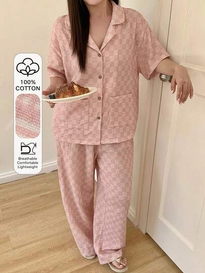 Dazy Plus Plus Size Comfortable Plaid Shirt And Pants Pajama Set, Summer