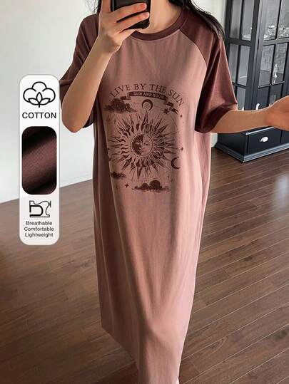 DAZY 太阳图案插肩袖长连衣裙，女士夏季睡衣
