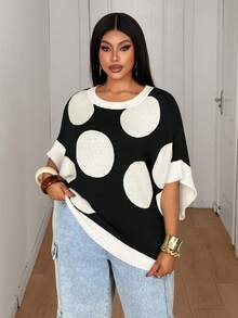 Maweii Women's Black Casual Vintage Polka Dot Colorblock Loose Plus Size Pullover Sweater, Suitable For Spring/Summer Daily, Commute, Beach, Round Neck Women's Tops And Blouses Knitted Top Polka Dot Top Latest Tops For Women Casual Modern Top Blouse For Women Casual Modern Dot Blouse - Beige - View 4