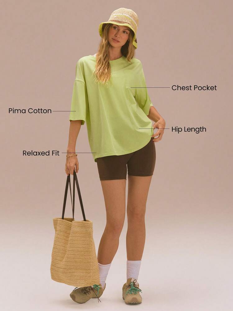 Vintage Washed Pima Cotton Twist Back Ultra-Soft Stretchy Breathable Mid-Length Sleeves Front Pocket Crewneck Tee Low-Impact Daily Casual Wear Fall Winter