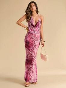 SHEIN BAE Đầm ôm sát in họa tiết da báo hồng, cổ xếp ly, vạt bồng, thích hợp cho kỳ nghỉ xuân/hè. - Hồng - Xem 3