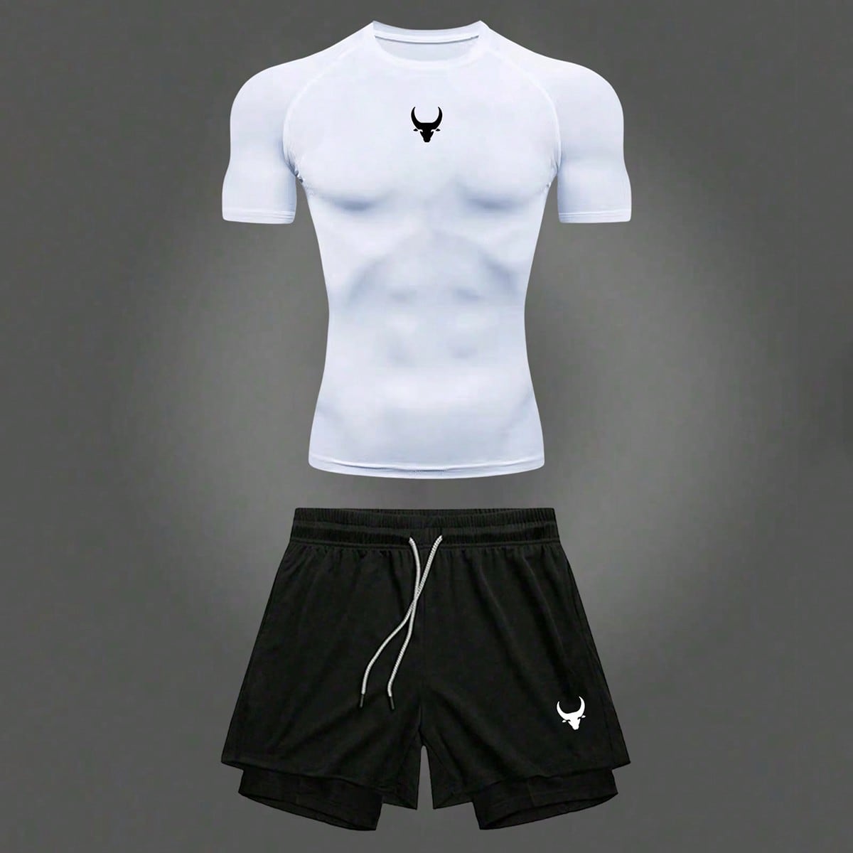 Conjunto deportivo de camiseta de manga corta con estampado de toro y pantalones cortos con cordón en la cintura para hombres, conjunto de running, c