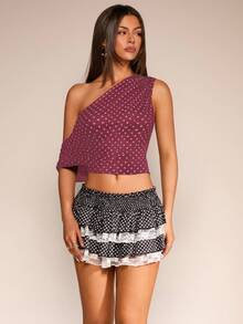 Glamine 女士褶皱露肩短款时尚波点印花上衣 秋季女装 返校季 可爱卡哇伊街头风 波点上衣 波点连衣裙 - 玫紅色 - 查看 3