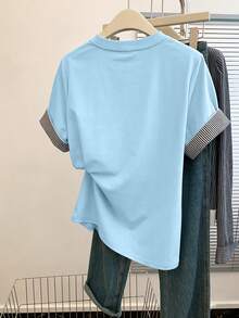 Resyla Camiseta de mujer / Camiseta de mujer de color block azul / Estilo de bordado / Uso diario casual / Verano - Multicolor - Ver 2