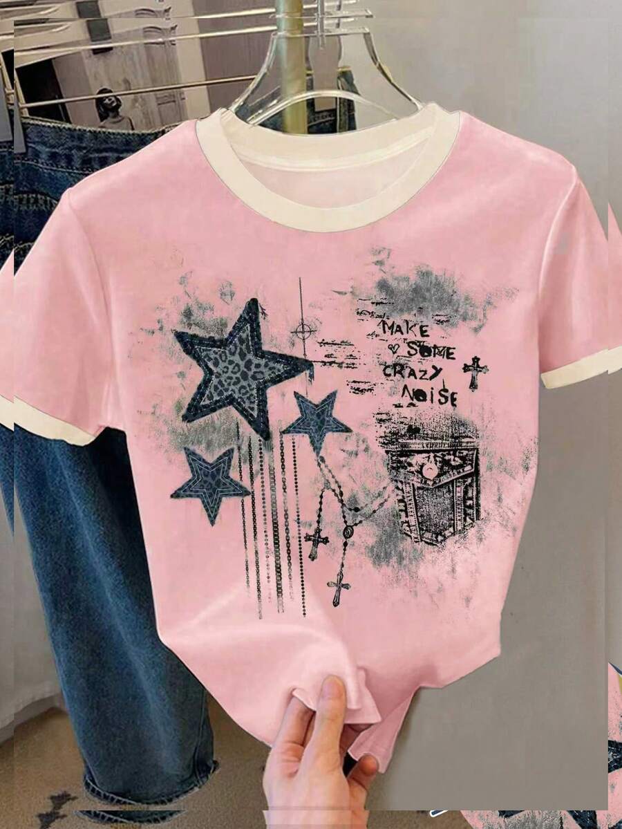 Áo thun nữ tuổi teen in hình ngôi sao năm cánh tối giản, phong cách punk, cổ tròn, tay ngắn, cạp cao, dáng crop, phù hợp cho mùa hè. Áo thun màu hồng nhạt, áo thun in hình cho tuổi teen, áo thun dễ thương in hình ngôi sao. - Nhiều màu - Xem 1