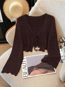 Franclia New Solid Color Hollow Crochet Lace Lightweight Cardigan, Versatile Outerwear For Women - Coffee Brown - View 6