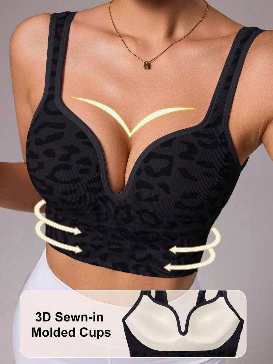 SHEIN Sovereign Charm Seamless Leopard Print Sports Bra Camisole Sports Bras With Padding Gym Tops For Women With Built In Bra Top With Padded Bra Fitness Top Workout Tops Built In Bra Push Up Sport Bra Top With Bra Pad Gym Bras For Women Gym Tops With Built In Bra Leopard Sports Bra - Multicolor - View 1