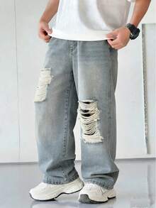 Tween Boy Denim Jeans, Versatile Casual Wear For All Seasons, Summer Blue Denim Color, College Style Street Fashion, Outdoor Bold, Minimalist Retro Vintage Personalized Distressed Decoration, Elastic Waist + Fake Chain Design, Comfortable Cotton, Suitable For Daily Outings, School, Commuting, Holiday Parties And Gatherings, Item - Dark Wash - View 7
