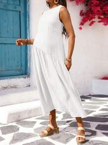 SHEIN Vestido casual suelto de maternidad de unicolor con cuello redondo y sin mangas - Blanco - Ver 4