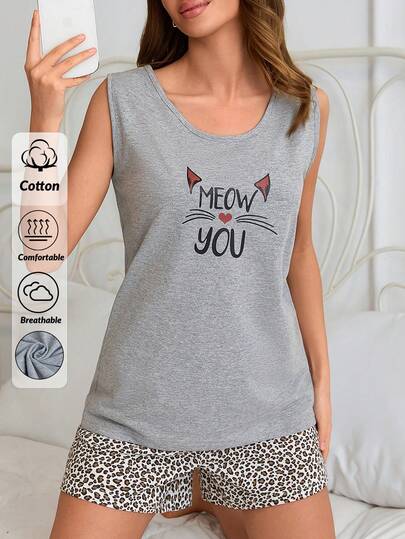 SHEIN 100% Cotton 2 Pcs Women Sleeveless Letter And Heart Patterned Sleep Top + Leopard Pattern Shorts Casual Pajama Lounge Set
